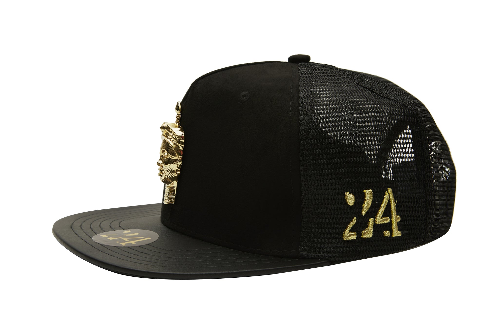 OODUA | The Ife head in “gold" plated metal on Black suede Snapback Hat by 24 Apparel